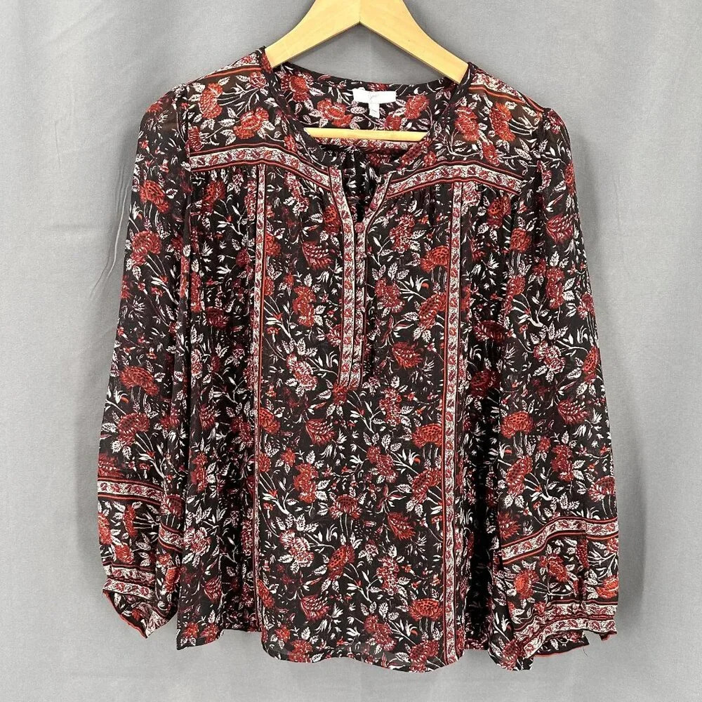 Joie Top Womens XS Black Red Floral‎ 100% Silk Long Sleeve Lightweight Sheer